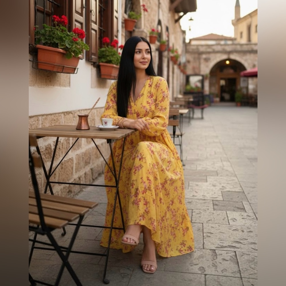 Zara | Floral Boho Yellow Tiered Midi Maxi Dress | Blogger Favorite | Size M